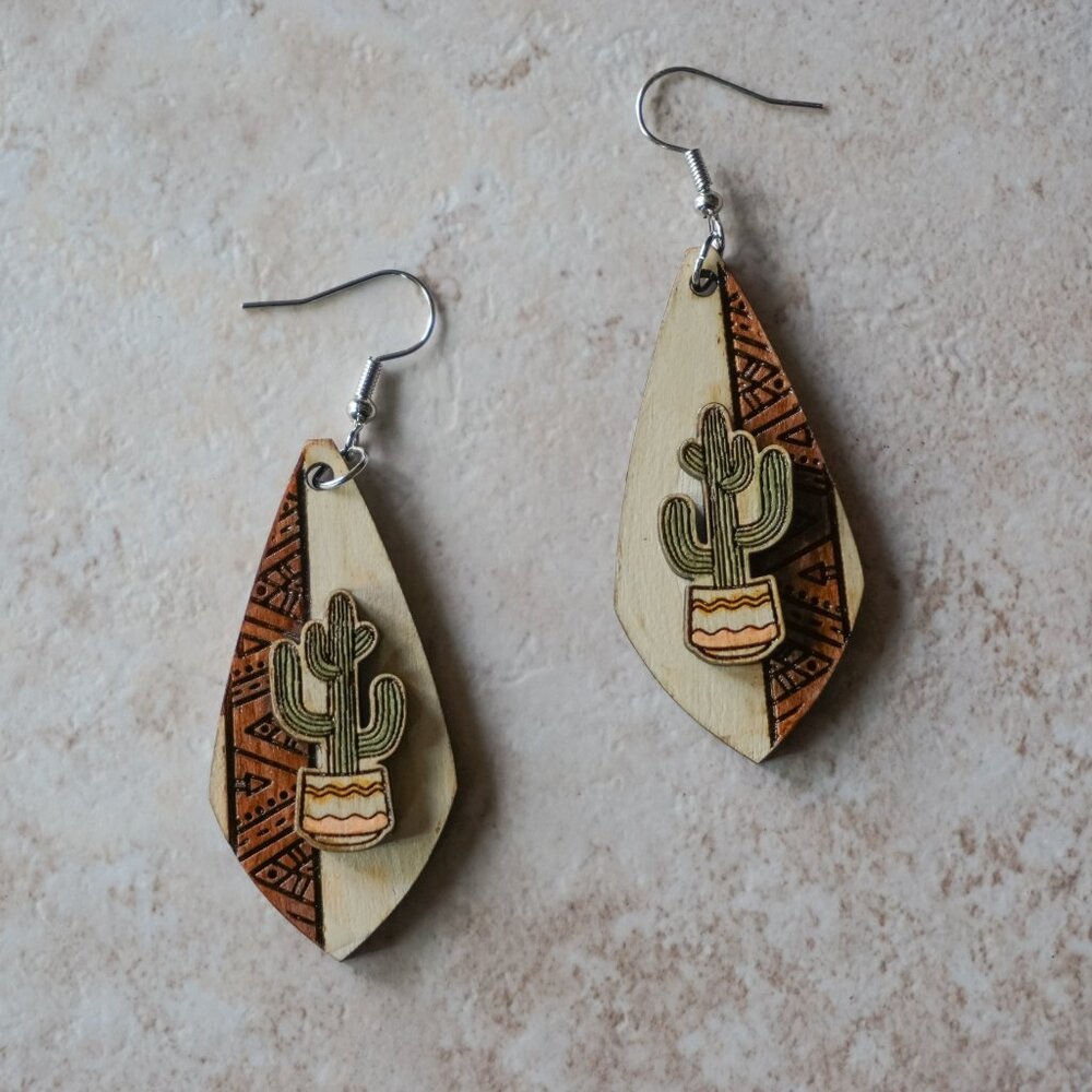 Handpainted Cactus Earrings – Boho Wood Jewelry – Desert Plant Lover Gift
